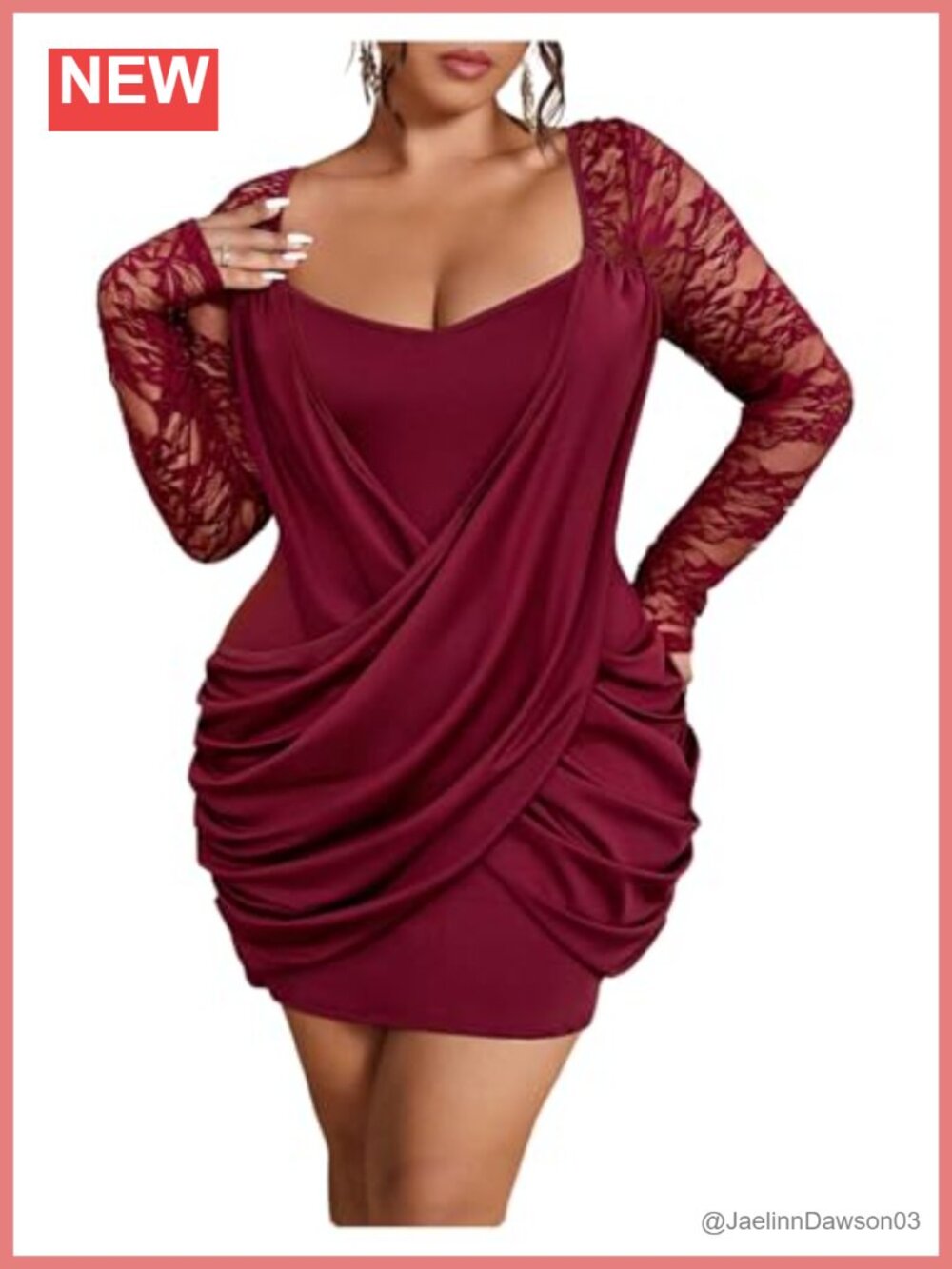Plus Size Lace Criss Cross Wrap Ruched Bodycon Mini Dress Long Sleeve